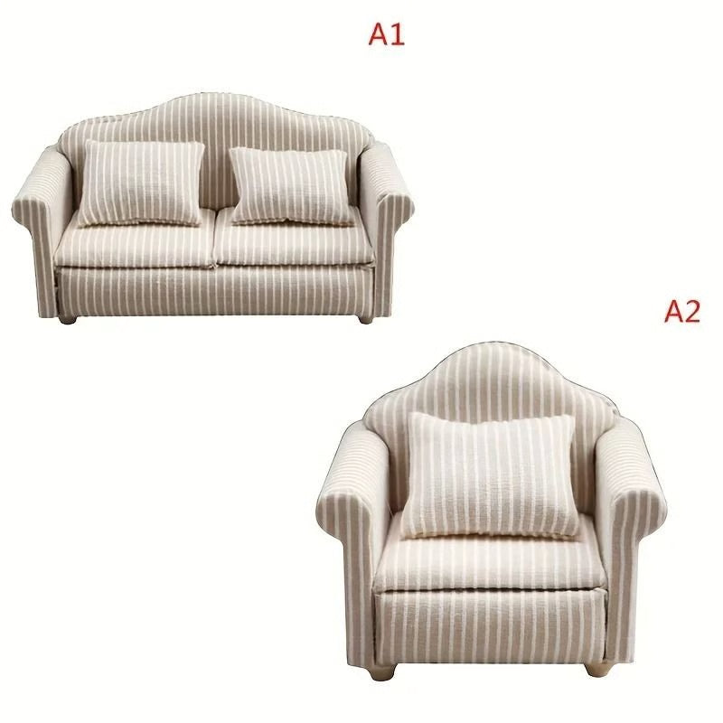 Miniature Dollhouse Sofa Set – Elegant Living Room Furniture with Pillows