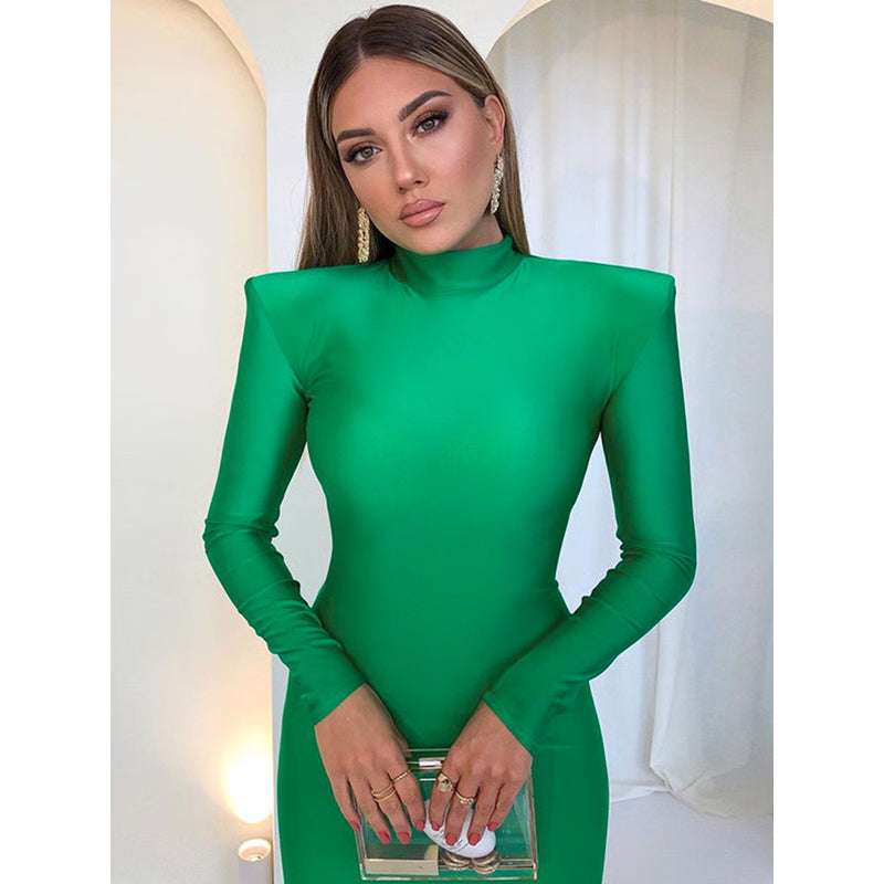 Bodycon Green Party Club Maxi Dress with Shoulder Padded Long Sleeve, Spring Autumn Women Fashion Elegant Clothes