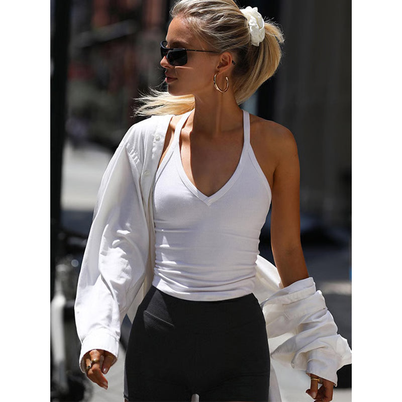 Spring Summer Sleeveless V Neck Ribbed Tank Top, Casual Basic Women Clothes, Black, White, Gray Camisole, Wholesale